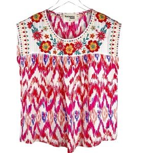 SAVANNA JANE Short Sleeve Embroidered Floral Bohemian Style Blouse Size Medium